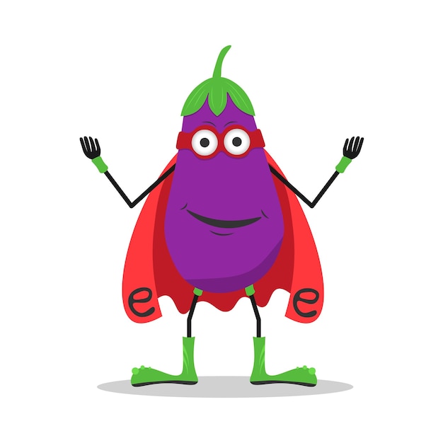 Sterke superheld aubergine plantaardige vector stripfiguur grappige aubergine mascotte dragen van een rode cape en een heldenmasker als een bovenvoedzaam voedsel