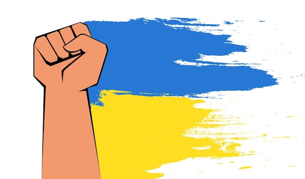 Sterke vuist stijgt om steun te helpen redden Oekraïne geel blauwe Oekraïense vlag bij de hand