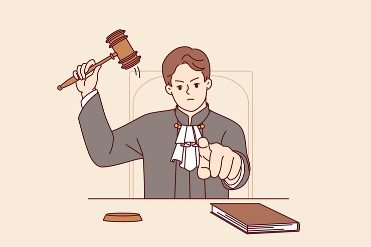 Vector 엄격 한 판사 는 판결 을 내리고  을 때린 후 스크린 을 손가락 으로 가리킨다