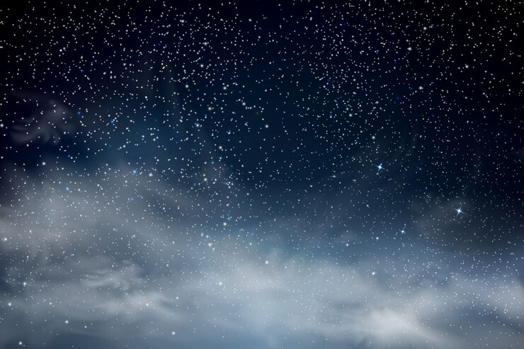 Vector sterren in de nachtelijke hemel. blauwe donkere nachtelijke hemel met veel sterren. stralende sterren en wolken. achtergrond