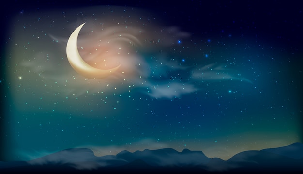 Vector sterren in de nachtelijke hemel, sterrenhemel, galaxy ruimte achtergrond. nacht landschap achtergrond met grote maan.