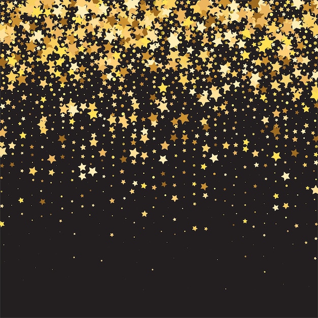 Sterren pailletten confetti op zwarte achtergrond. Kerstfeest Frame. Vector goud schittert. Vallende deeltjes op de vloer. Voucher Cadeaukaart Sjabloon. Geïsoleerde platte verjaardagskaart. Gouden sterrenbanner.