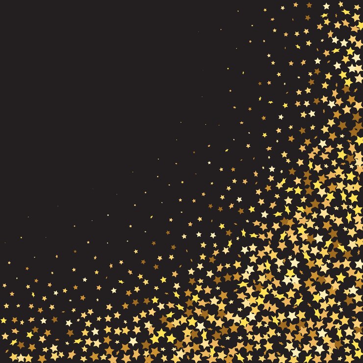Sterren pailletten confetti op zwarte achtergrond. Kerstfeest Frame. Voucher Cadeaukaart Sjabloon. Vector goud schittert. Vallende deeltjes op de vloer. Geïsoleerde platte verjaardagskaart. Gouden sterrenbanner.