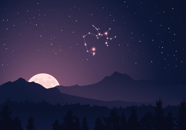 Sterrenbeeld Boogschutter op de achtergrond van de sterrenhemel, bergen, bos, maan