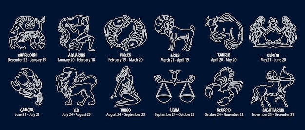 Sterrenbeelden, astrologische horoscooptekens. Contour witte tekeningen op een blauwe achtergrond. pictogrammen