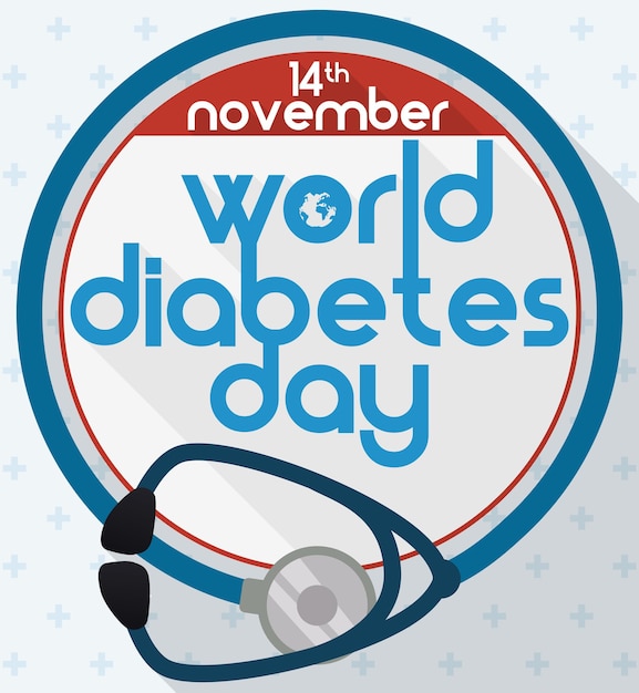 Stethoscoop zoals blauwe cirkel symbool voor Wereld Diabetes Dag in vlakke stijl lange schaduweffect