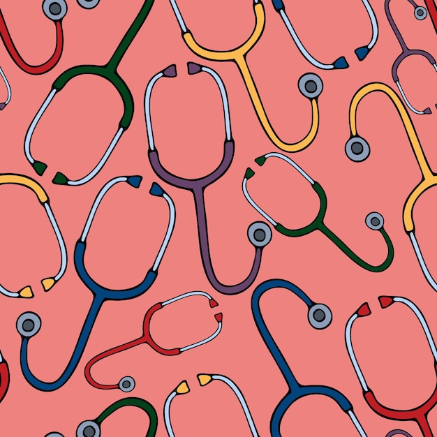 Stethoscope seamless pattern of colorful medical devices on a pink background in cartoon style