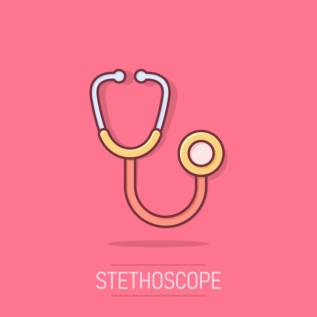 Вектор Иконка знака стетоскопа в стиле комиксов докторская медицинская векторная карикатура на белом изолированном фоне эффект всплеска концепции больничного бизнеса