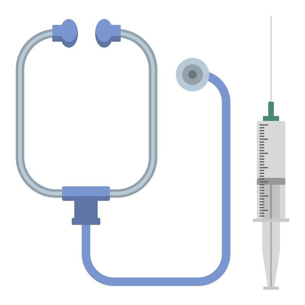 Vettore icona dello stetoscopio e della siringa illustrazione piatta dell'icona vettoriale dello stetoscopio e della siringa per il web