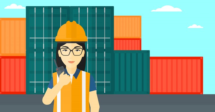 Vector stevedore standing on cargo containers 