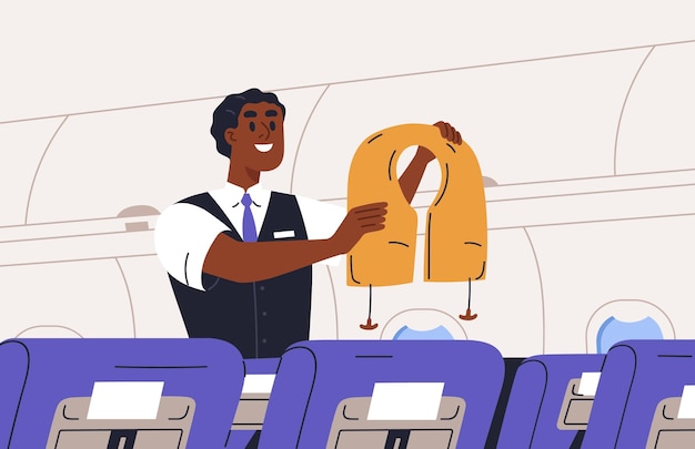 Steward tijdens veiligheidsinstructies in vliegtuig, reddingsvestdemonstratie. Stewardess staat in het gangpad van het vliegtuig, instrueert, legt veiligheidsregels uit voor noodgevallen. Platte vectorillustratie.