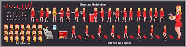 Stewardess character design model sheet met loopcyclusanimatie. meisje characterdesign. voor-, zij-, achteraanzicht en uitleganimatie-poses. tekenset met verschillende weergaven en lipsynchronisatie