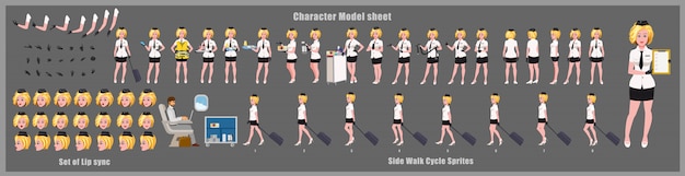 Stewardess character design model sheet met loopcyclusanimatie. meisje characterdesign. voor-, zij-, achteraanzicht en uitleganimatie-poses. tekenset met verschillende weergaven en lipsynchronisatie