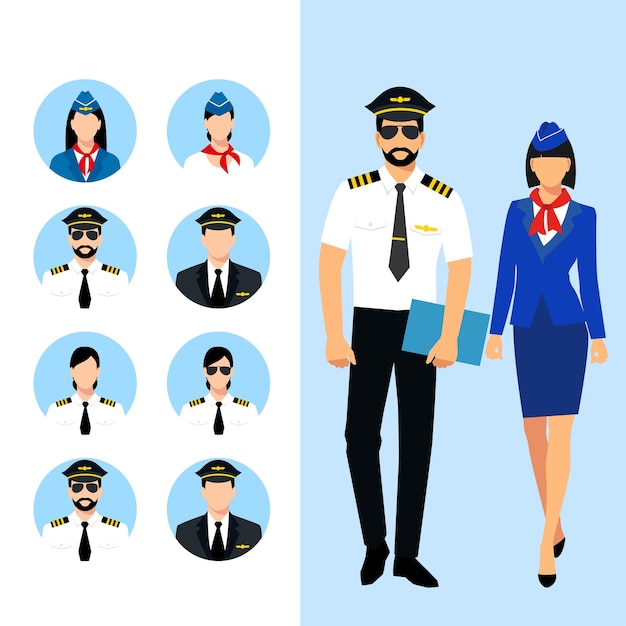 Vettore hostess vestita con uniforme blu assistente di volo e pilota vettore isolato