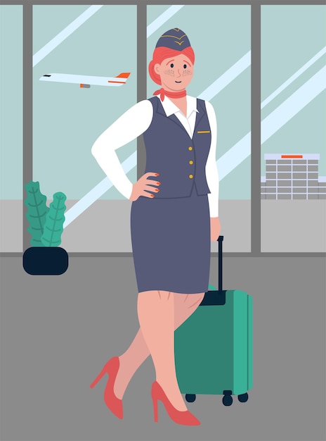 Stewardess in blauw uniform met koffer in de luchthaven vectorillustratie in vlakke stijl