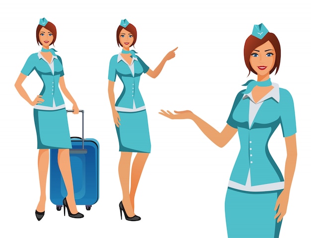 Stewardess in blauw uniform. vliegende stewardessen, stewardess die op informatie wijst of met een tas staat.