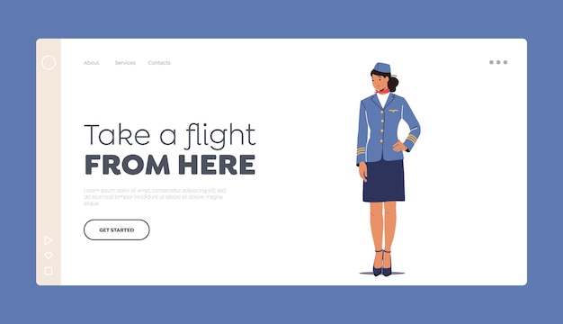 Stewardess Landing Page Template Flight Attendant Air Hostess Girl Wearing Blue Uniform and Cap Stand with Arm Akimbo