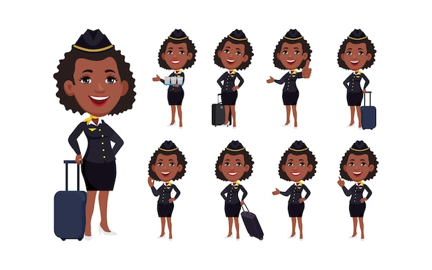 Stewardess met verschillende poses vectorbeelden