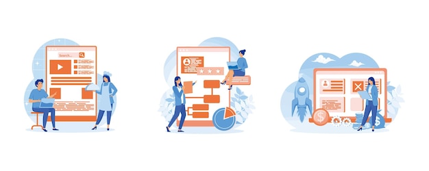 Stewardess online dienst of platform Succesvolle strategie motivatie en leiderschap Marketing analyse en ontwikkeling Bedrijfsboost online service of platform Stel platte vector moderne illustratie
