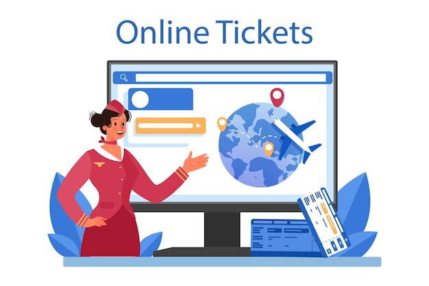 Stewardess online service of platform stewardessen helpen passagier in vliegtuig reizen per vliegtuig online tickets platte vectorillustratie