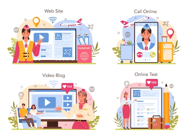Стюардесса онлайн-сервис или платформа. Бортпроводники помогают пассажиру в самолете. Идея путешествия на самолете и туризма. Онлайн-тест, видеоблог, звонок, сайт. Плоские векторные иллюстрации