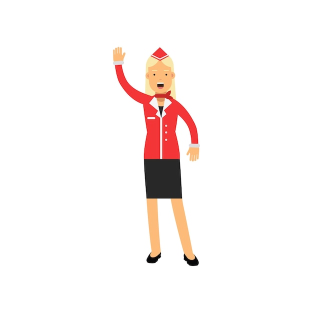 Stewardess in red uniform standing with open mouth and gesturing vector Illustration on a white background