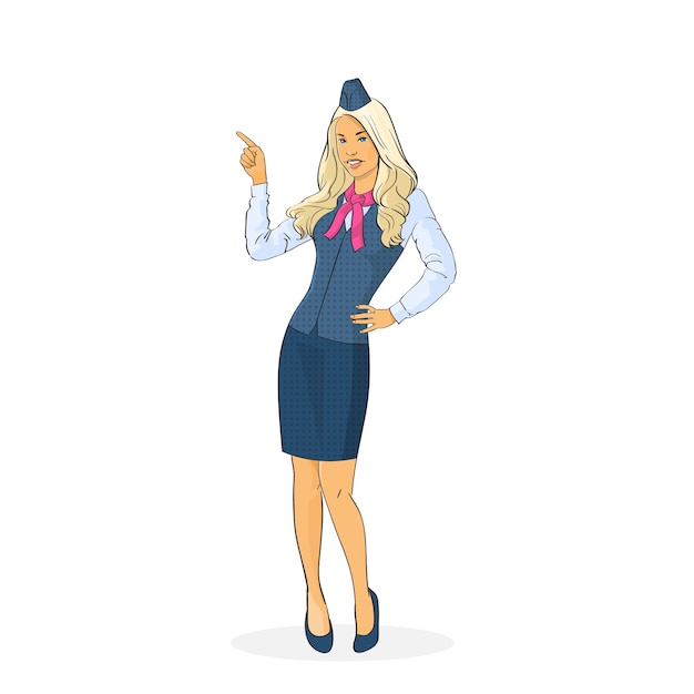 Vector stewardess in uniform point finger up airline crew