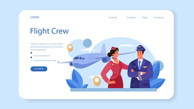 Stewardess web banner or landing page. flight attendants help passenger in airplane. travel by aircraft. idea of professional occupation and tourism. isolated flat vector illustration