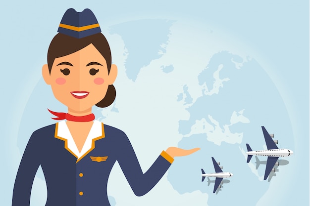 Vector stewardess woman in uniform with airplane