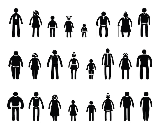 Stick family people Cartoon muscular and skinny male and female characters stick family members with different body types and ages Vector isolated set of cartoon family people illustration