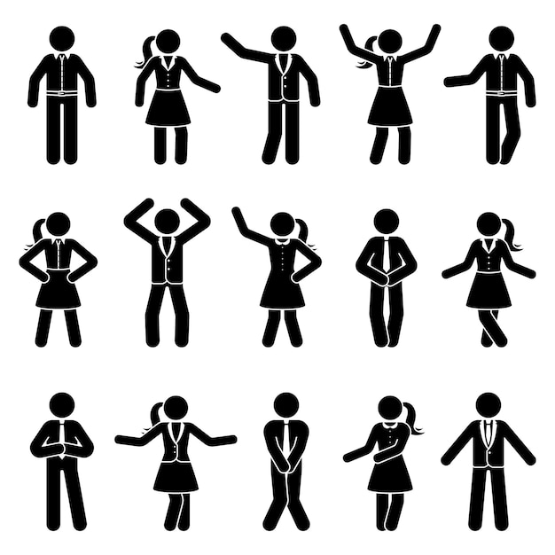 Stick figure business man and woman standing front view different poses vector icon pictogram set