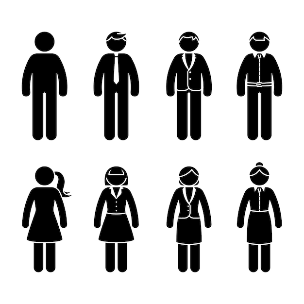 Stick figure business people standing front view black and white icon vector set