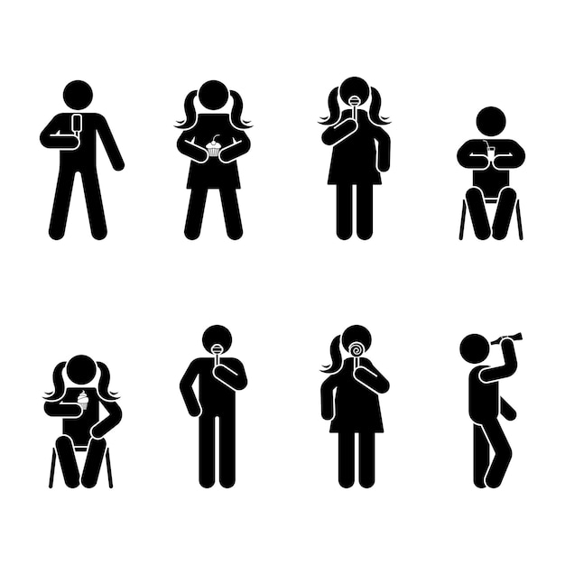 Stick figure different eating position set