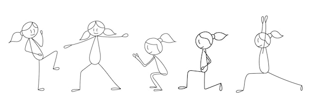 Vector stick figure girl doing exercises, going in for sports