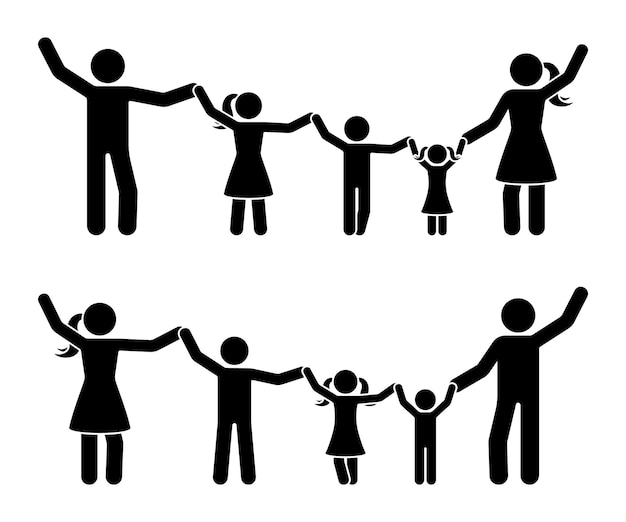 Vector stick figure hands up happy family icon set