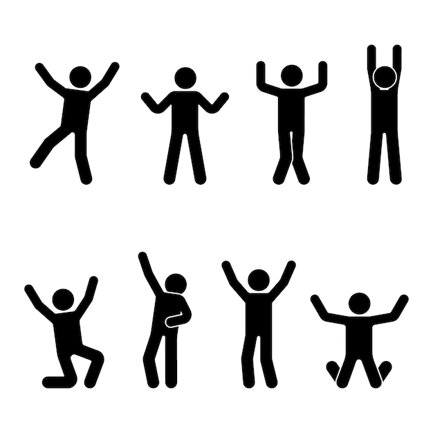 Vector stick figure happiness freedom jumping motion set vector illustration of celebration poses pictogram