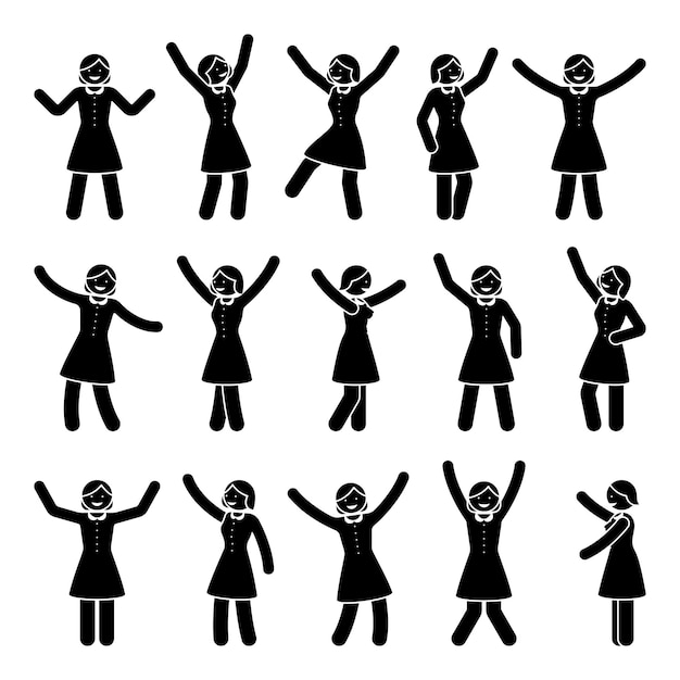 Stick figure happiness freedom motion woman set