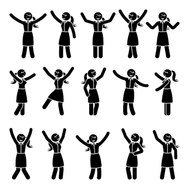 Stick figure happiness freedom motion woman set