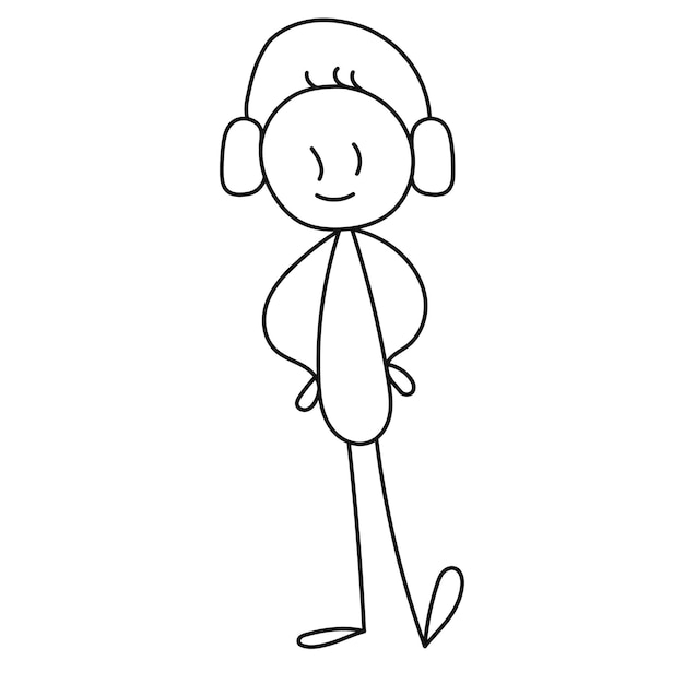 Vector stick figure man in headphones isolated, vector