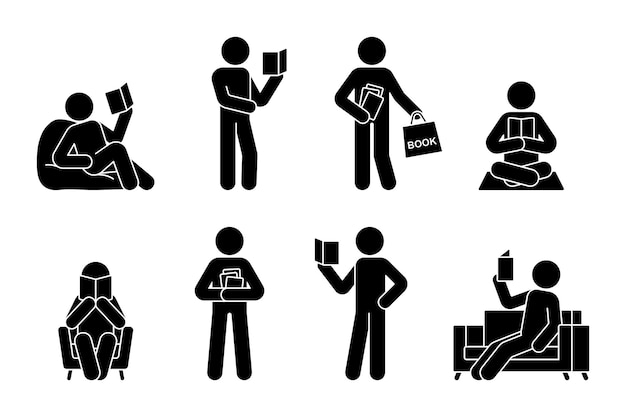 Stick figure man reading book vector icon pictogram student boy learning studying lesson