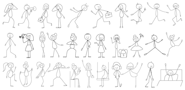 Stick figure man set, isolated, vector