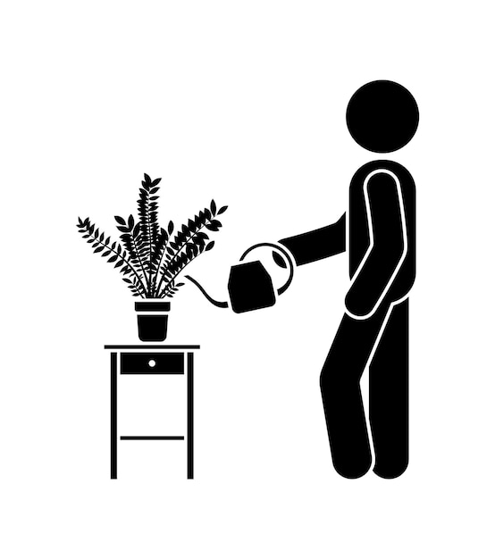 Stick figure man watering flowers vector illustration