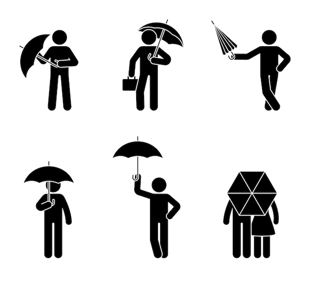 Stick figure man with umbrella icon set Male under the rain in different poses