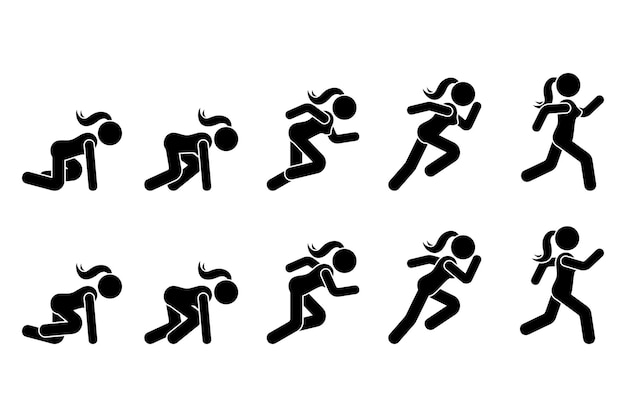 Vector stick figure runner sprinter sequence icon low start speeding woman sign symbol posture