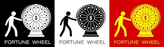 Stick figure speler draait het rad van fortuin met een dollarteken in het midden Geluk casino en gokken Draai aan de roulette probeer je geluk Minimalistische vector
