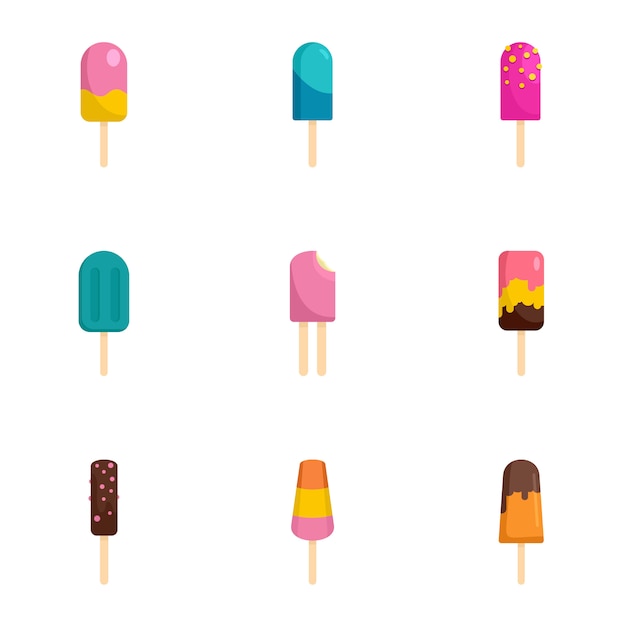 Stick ice cream icon set, flat style