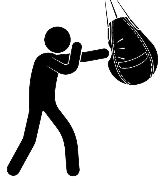 Stick man boxer beats punching bag for sports training training in boxing gym black and white vec