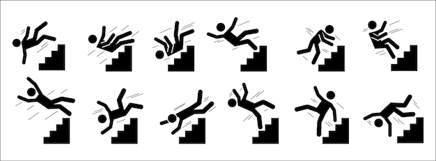 Vector stick man fall down black silhouette pictograms of people falling from staircase and ladder exhausted and tired persons vector set