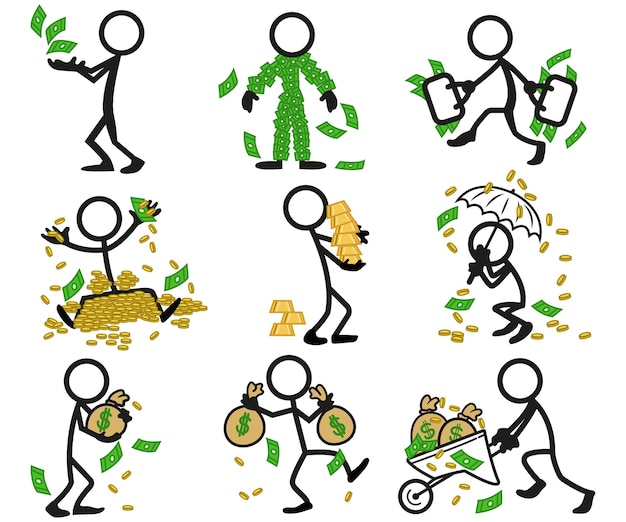 stick man figure money concept rich financial success richness vector illustration