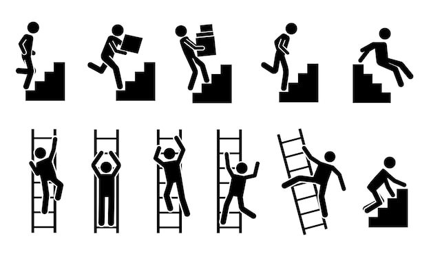 Stick man go up Black pictograms of people climbing on staircase and ladder stickman silhouettes Vector movement and success concept